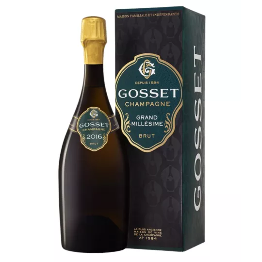 Botella de Champagne Gosset Grand Millésime 2016 - cuvée vintage elaborada con Chardonnay y Pinot Noir.